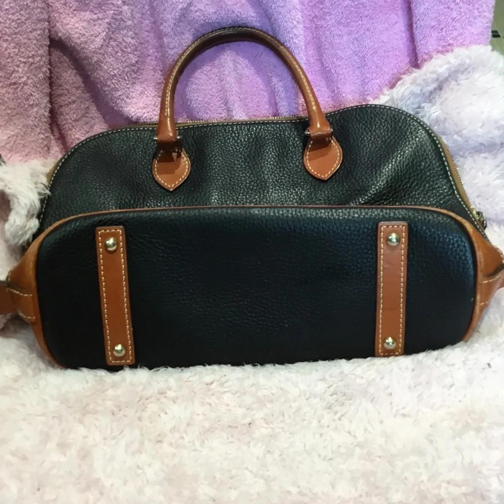 Dooney & Bourke Black Leather Satchel with Brown Trim and Handles
